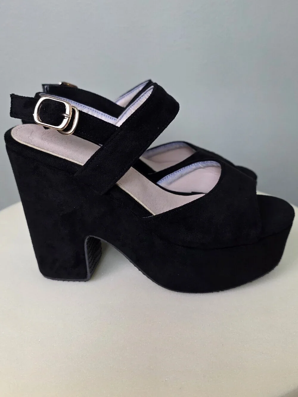 Retro Black Faux Suede Chunky Platform Sandals Open Toe Block Heel Y2K, EU 38